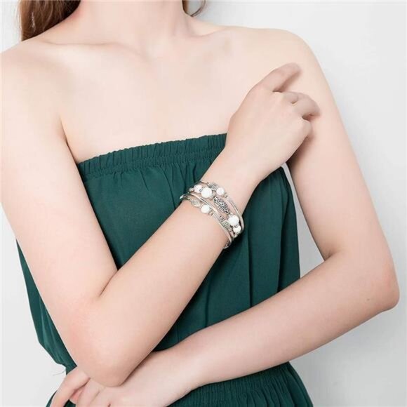 Layered Silver Wrap Bracelet - Beaded Bangle with Natural Agate Stone, Gifts - Picture 5 of 7